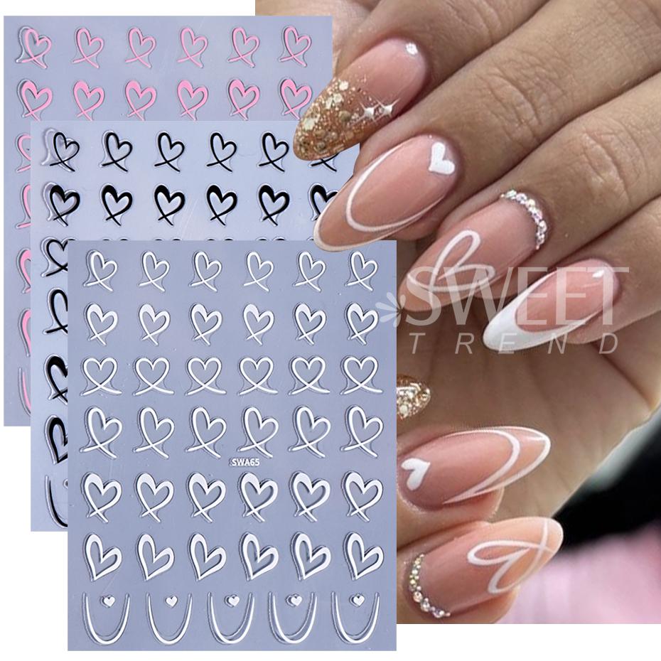 3/4pcs Black White Pink Love Nail Art Stickers 3D Lines Love Nail Decals DIY Adhesive Slider Valentine Manicure Decoration