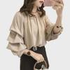 2025 Korean Style Off-Shoulder Chiffon Blouse: Women's Loose Bubble Top, Slimming Solid Color Base Shirt