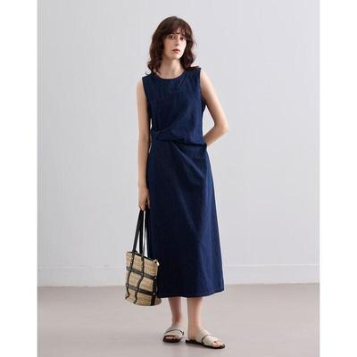 Demana Retro Ärmelloses gefaltetes Denim-Midikleid