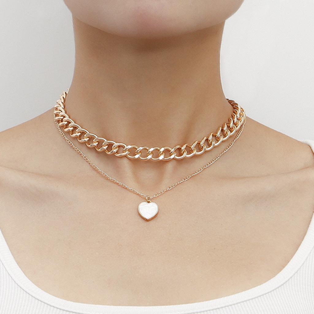 Layered Chain Necklace with Heart Pendant Adjustable Length Chunky Link Chain and Fine Chain Combination Fashion Jewelry for Women