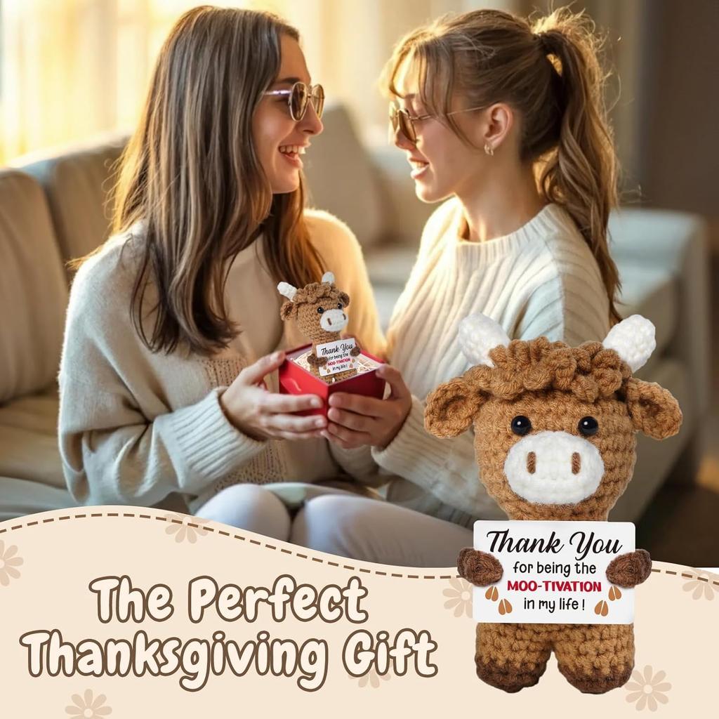 New Knitted Positive Cow Doll Handmade Emotional Support Positive Crochet Xmas Tree Gifts for Christmas New Year Birthday