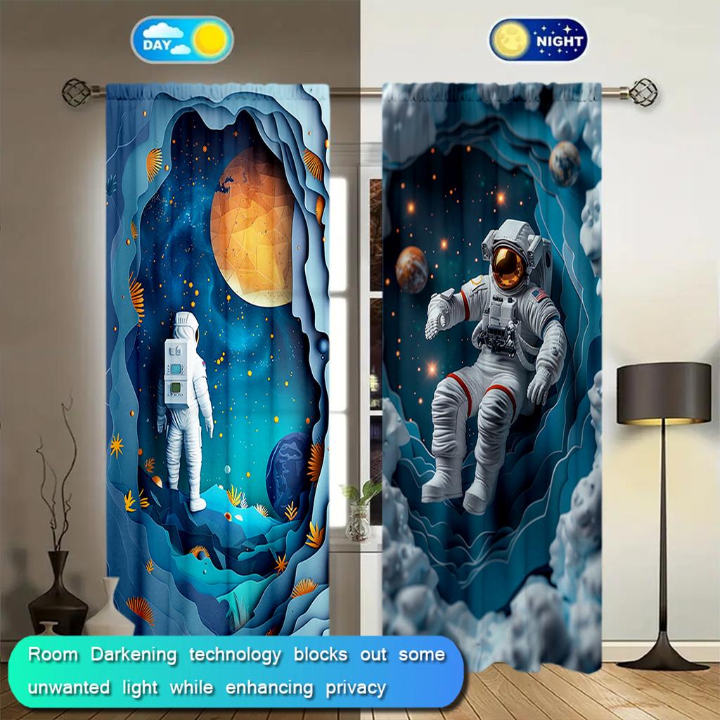 2pcs Astronaut Into Space Printed Curtain for Home Decor - Rod Pocket Window Treatment for Bedroom, Office, Kitchen, Living Room