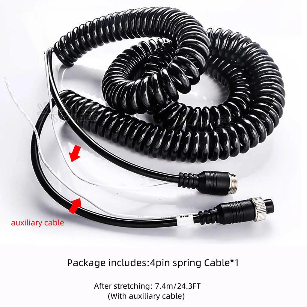 7.4M/24.3Ft 4 Pin Spring Cord  Aviation Extension Video Backup Camera Cable for Bus Turck Van Lorry RV Monitor CCTV DVR TV