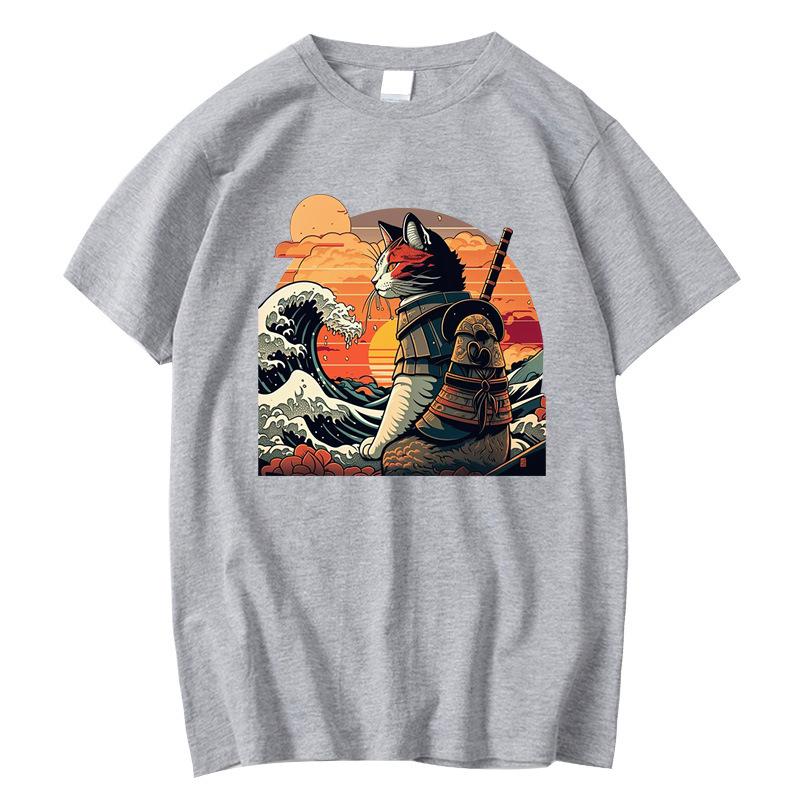 Men's High Quality T-shirt 100% Cotton Anime Knife Cat Print Loose Summer Short Sleeve Men T Shirt Male T-shirt Tops Tees