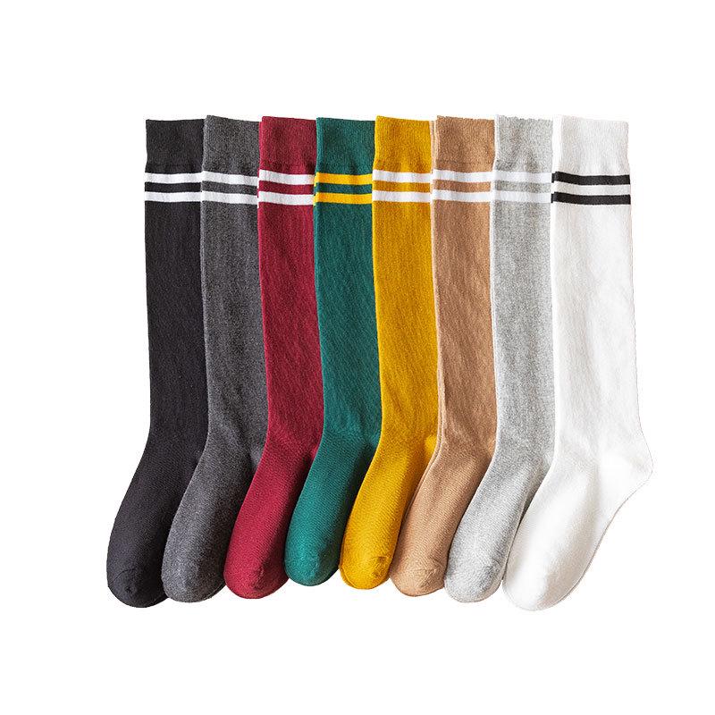 Women's Two-Stripe High Knee Cotton Socks - Black (Spring, Autumn, Winter Fashion)