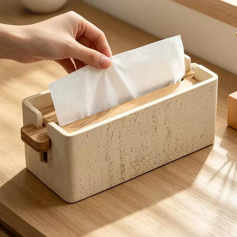 Adjustable Lifting Wood Cover Tissue Box Travertine Texture Napkin Holder Simple Desktop Tissue Box Home Bathroom Living Room