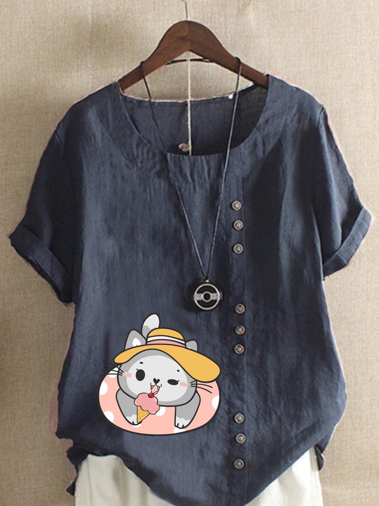 Women's Fashion Cat Print Shot Sleeve T-shirt Loose Cotton Shirt Casual Loose Summer Blouse Tops Plus Size