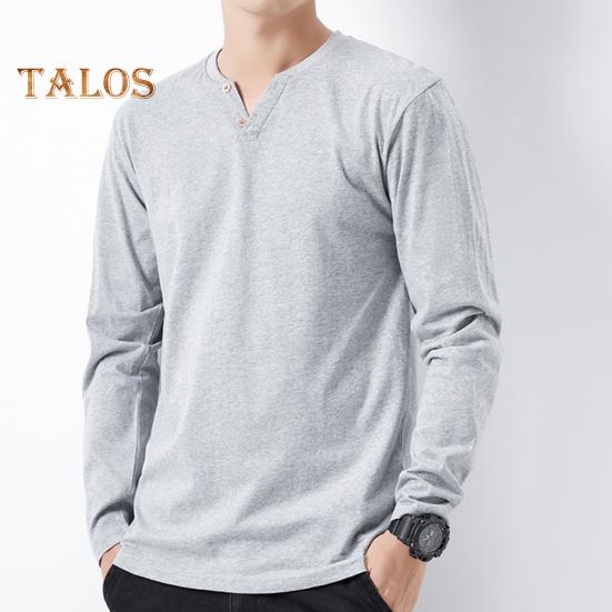 Men Fall Spring Top Buttoned V Neck Long Sleeves Pure Color Loose Pullover T-shirt Daily Wear Sport Homewear Clothes