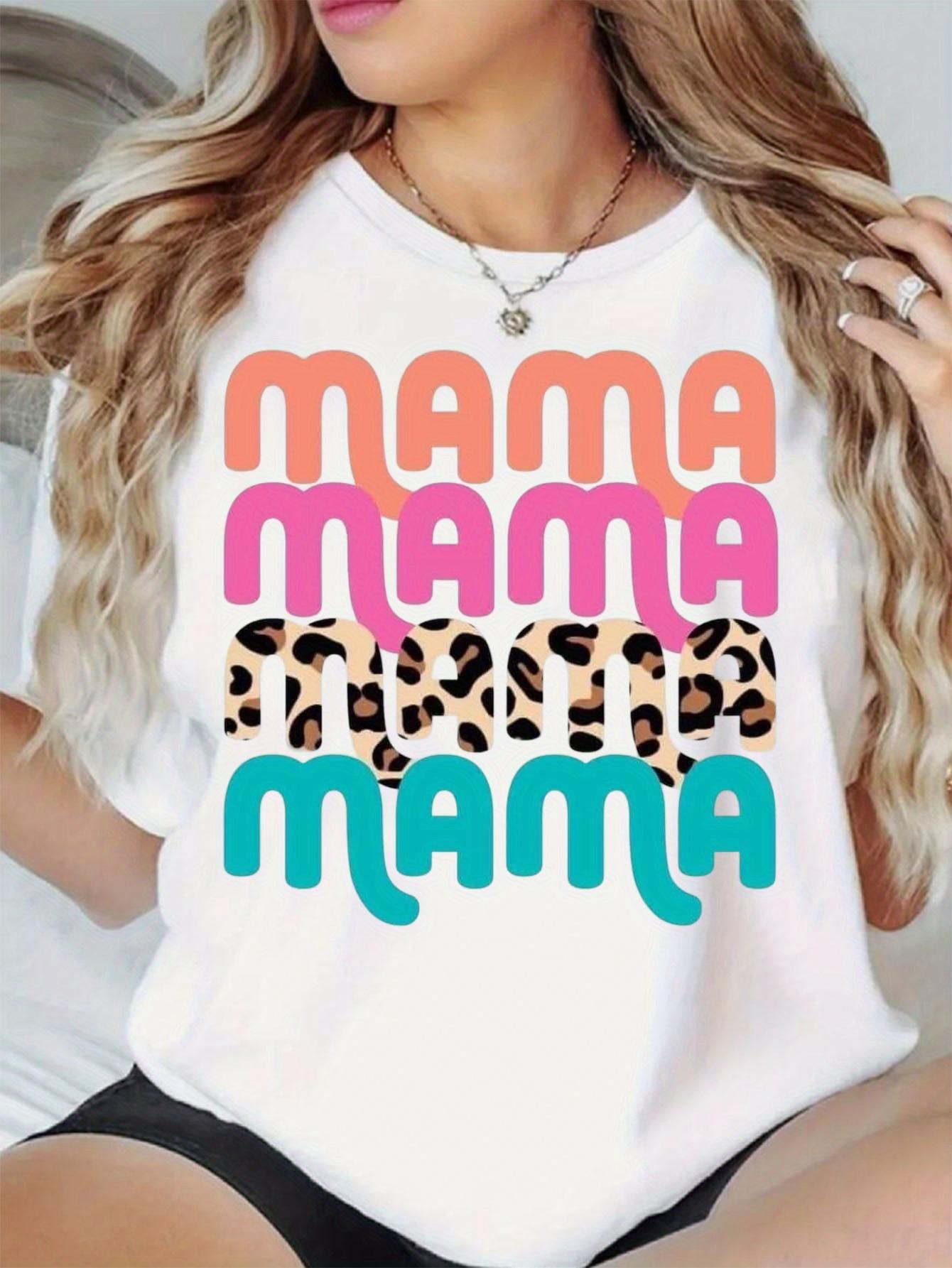

Women s Casual Short Sleeve Crew Neck T-Shirt - Bold MAMA Graphic Print with Leopard Accents, Black & Pink Lettering, S белый