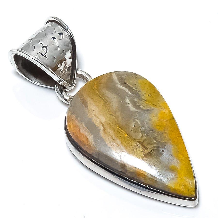 Natural Bumblebee Jasper Gemstone 925 Solid Sterling Silver Pendant 1.58" D0L19