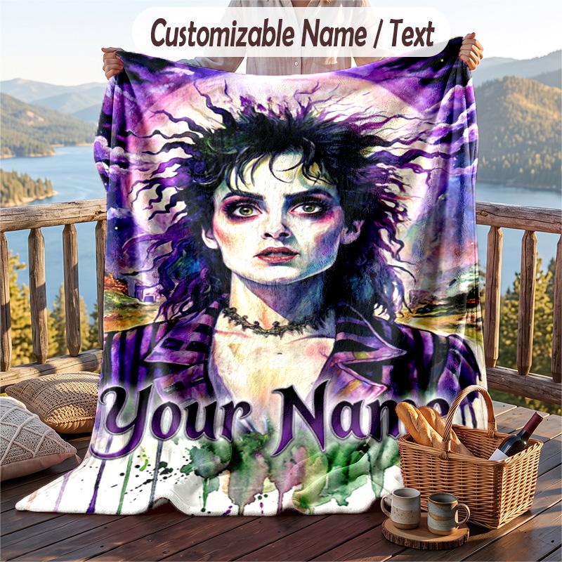 Custom Text Flannel Throw Blanket, Lightweight Cozy Bed Sofa BlanketBeetlejuice Lydia Deetz