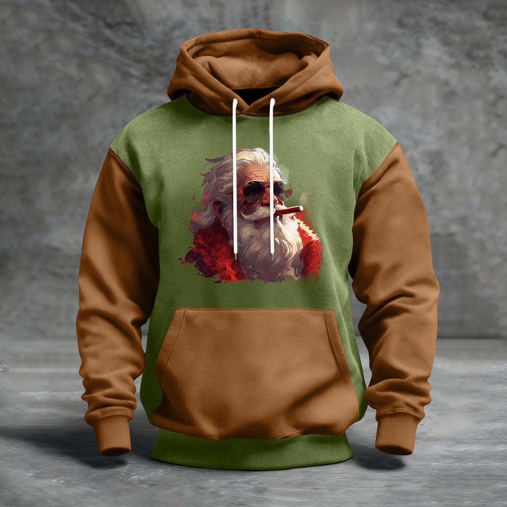 Чоловічий худі з різдвяним принтом, кольоровий блок, повсякденний спортивний комфортний світшот