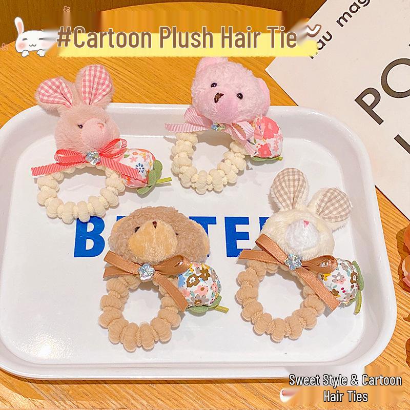 Sweet Girl High Elasticity Plush Rabbit & Bear Hair Ties - No Damage, Cute Ponytail Hair Ropes for Children