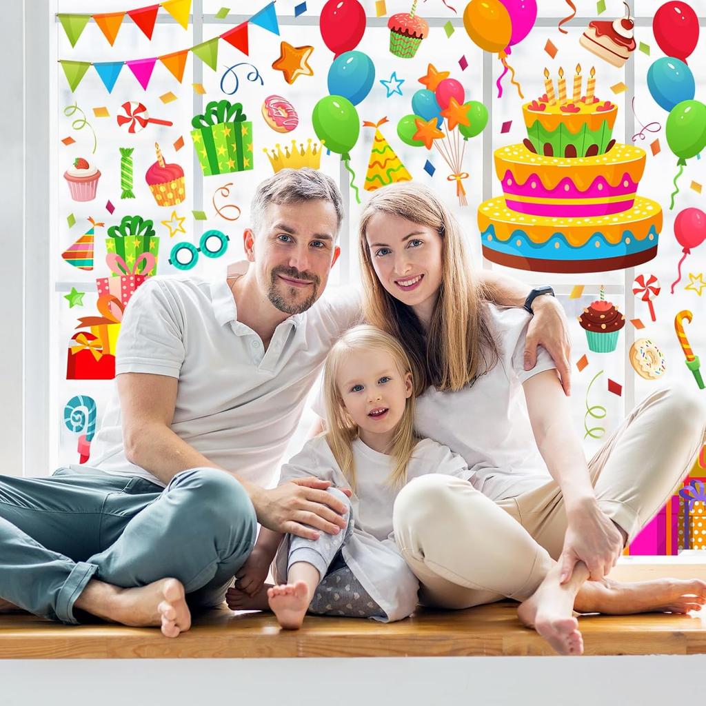 Whaline 6 Sheets Happy Birthday Window Clings Colorful Birthday Cake Balloon Banner Double-Sided Window Stickers for Boys Girls Anniversary Party