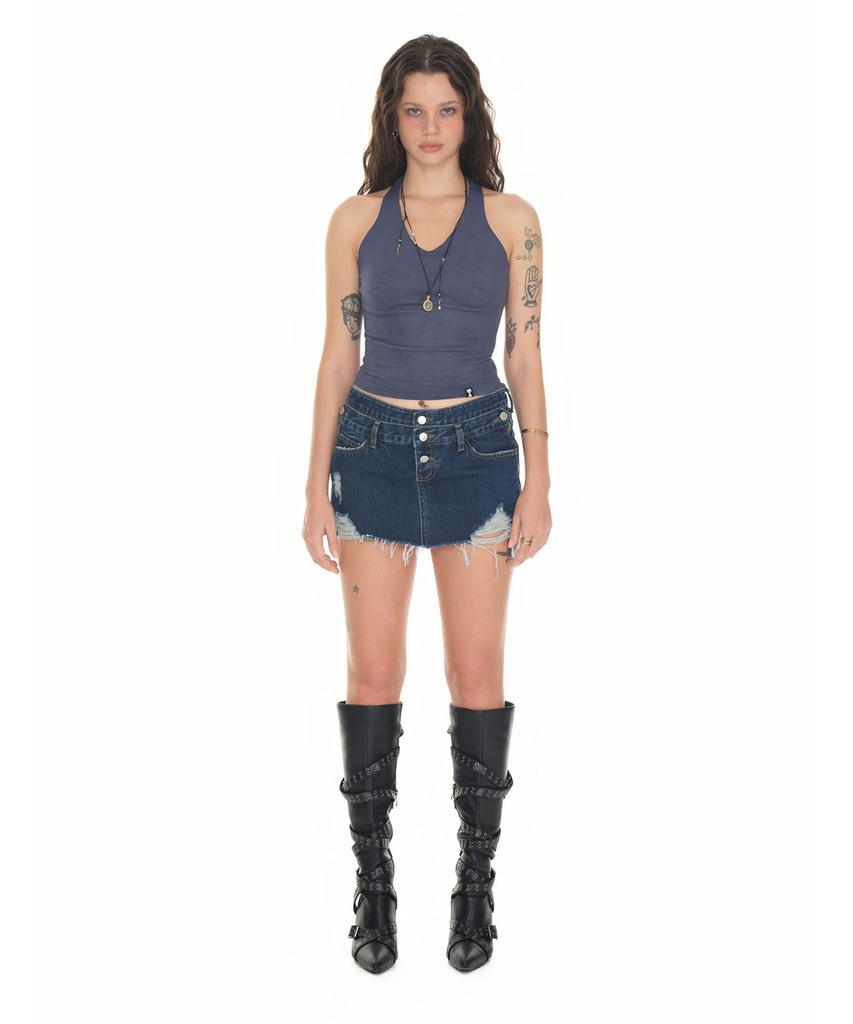 Too Much Tax Layered Waist Denim Skirt Pants Blue