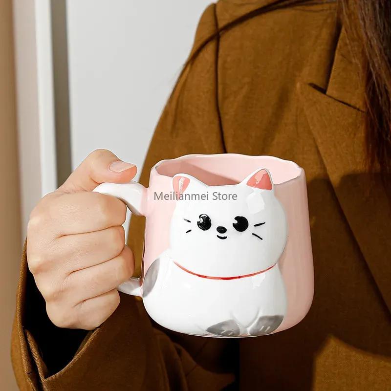Cartoon 3D Embossed Ceramic Cup Cute Cat Coffee Milk Tea Breakfast Handle Cup Tableware Novelty Gift Home 400ml Mug