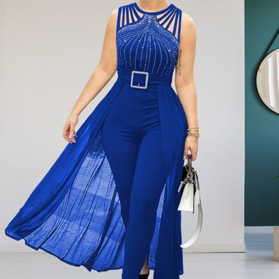 Women Jumpsuit Shiny Rhinestone Hollow Out Multi Straps Sleeveless Slim Fit Dress Up