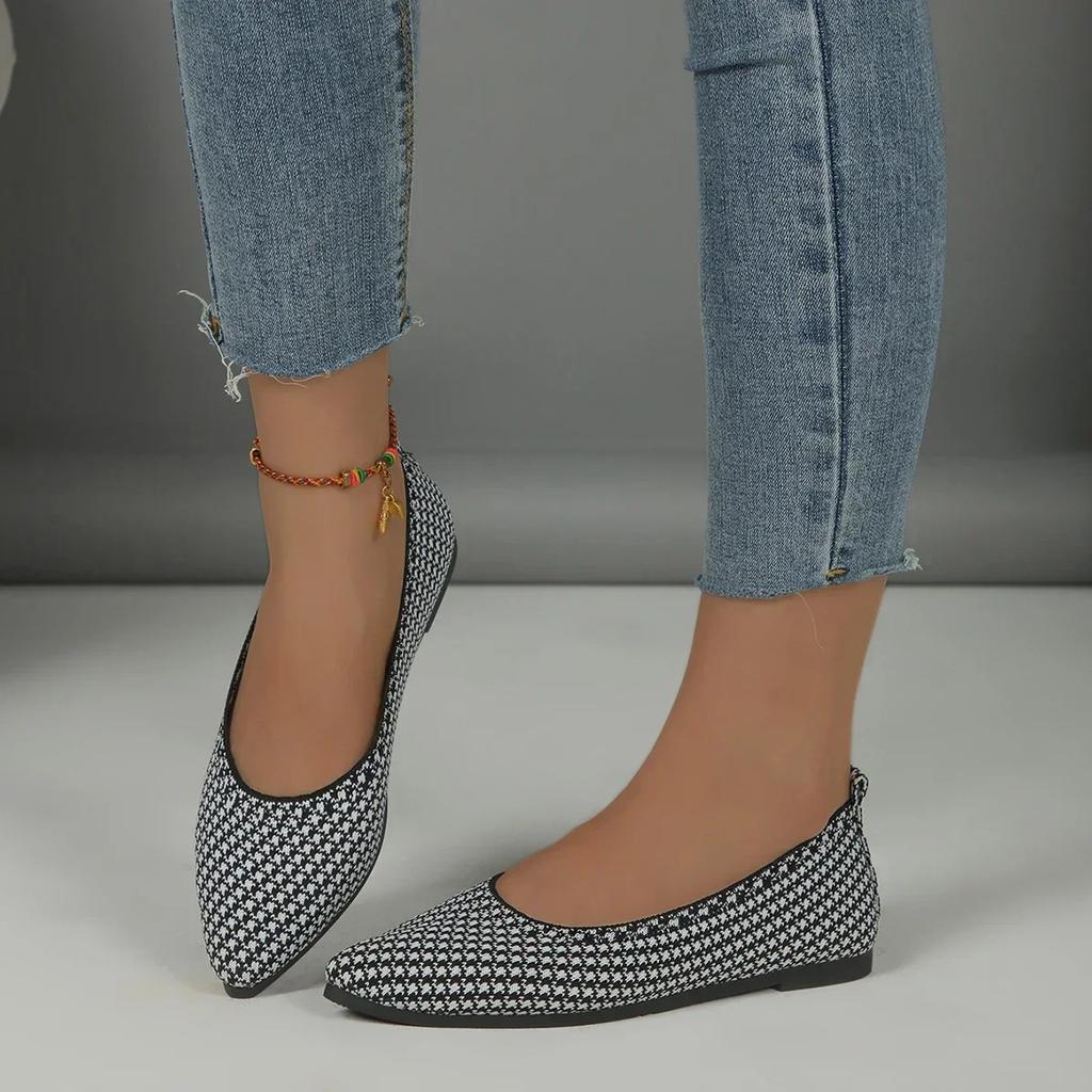 Lady's Weaving Glitter Flats Pointed Toe Plus Size Loafers Women 33-48 Blue Back White 2024 New Arrivals Breathable Slip-ons