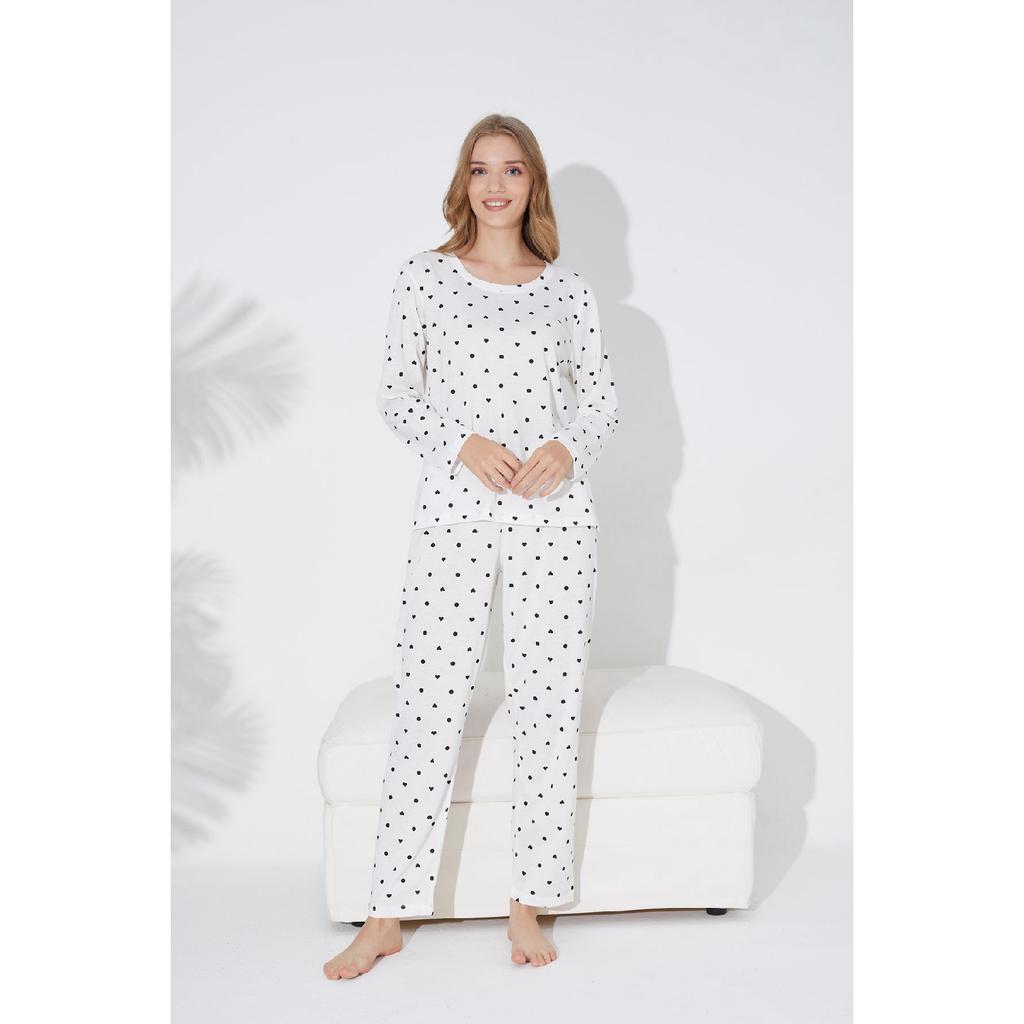 Pink Black Heart And Point Patterned Knitted Pajama Set 7792