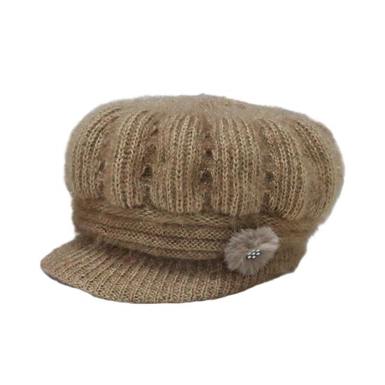 Women Knitting Hat Extended Brim Thickened Plush Winter Hat Solid Color Flower Decor Warm Hat Fashion Accessories