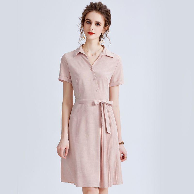 

2025 Summer New A- line Skirt Mid Length Long Length Temperament Wild Ruched Shirt Dress Women s Short Sleeve Lace-up Skirt Pink XL