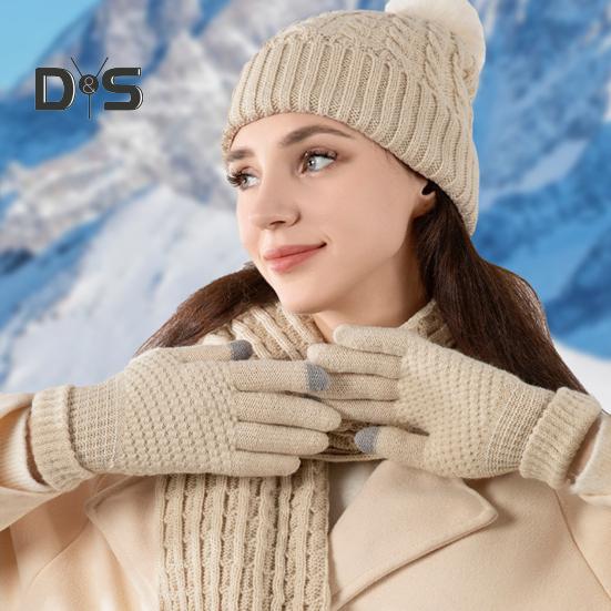3 Pcs/Set Unisex Winter Hat Scarf Gloves Set Thick Knitted Ear Protection Cap Gloves Stretchy Plush-lined Windproof Winter Dome Beanie Neck Wrap Set