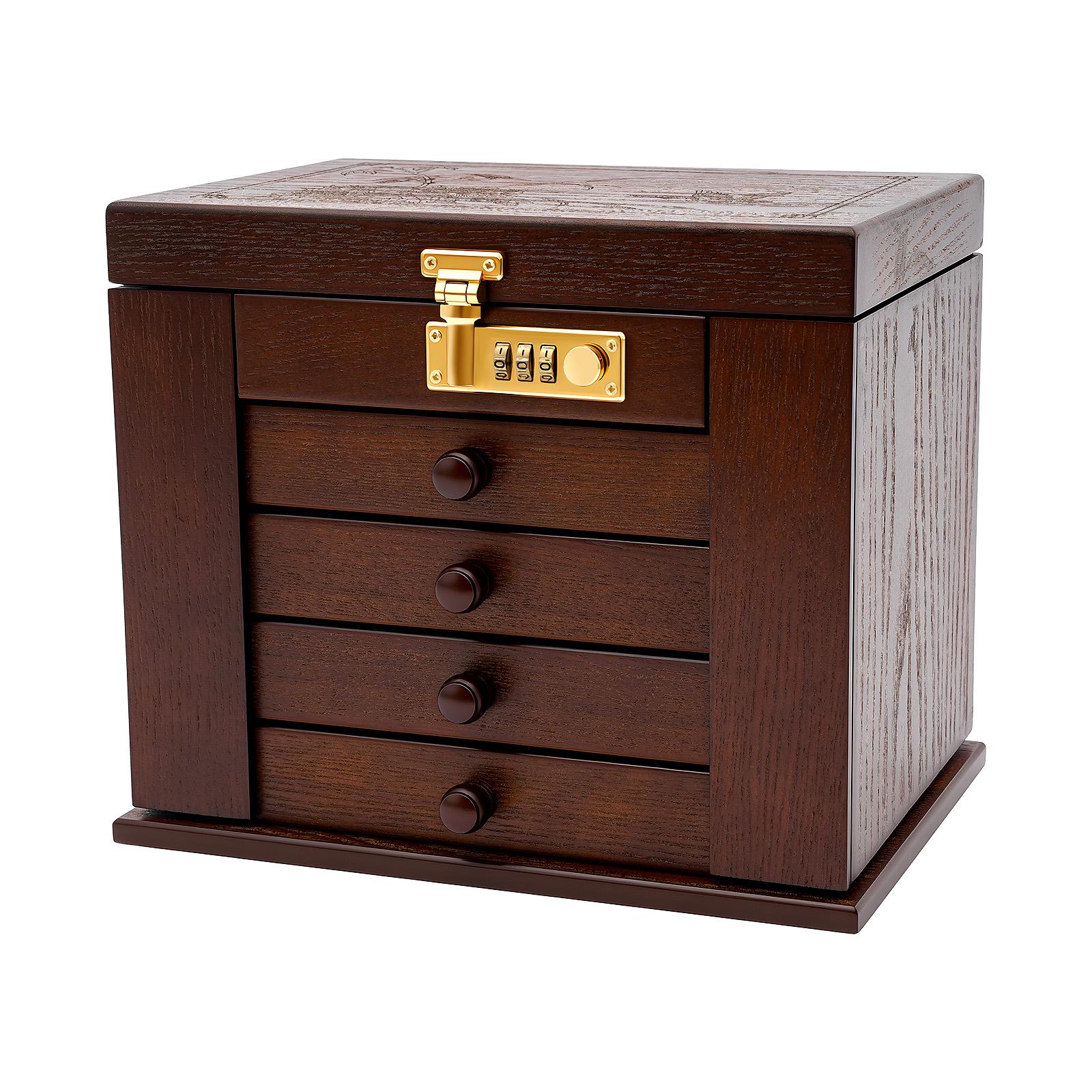 

Jewelry Box with Combination Lock, 5-Tier Rustic Wood Storage Organizer with Mirror for Women, Necklace Earring Ring Watch коричневий