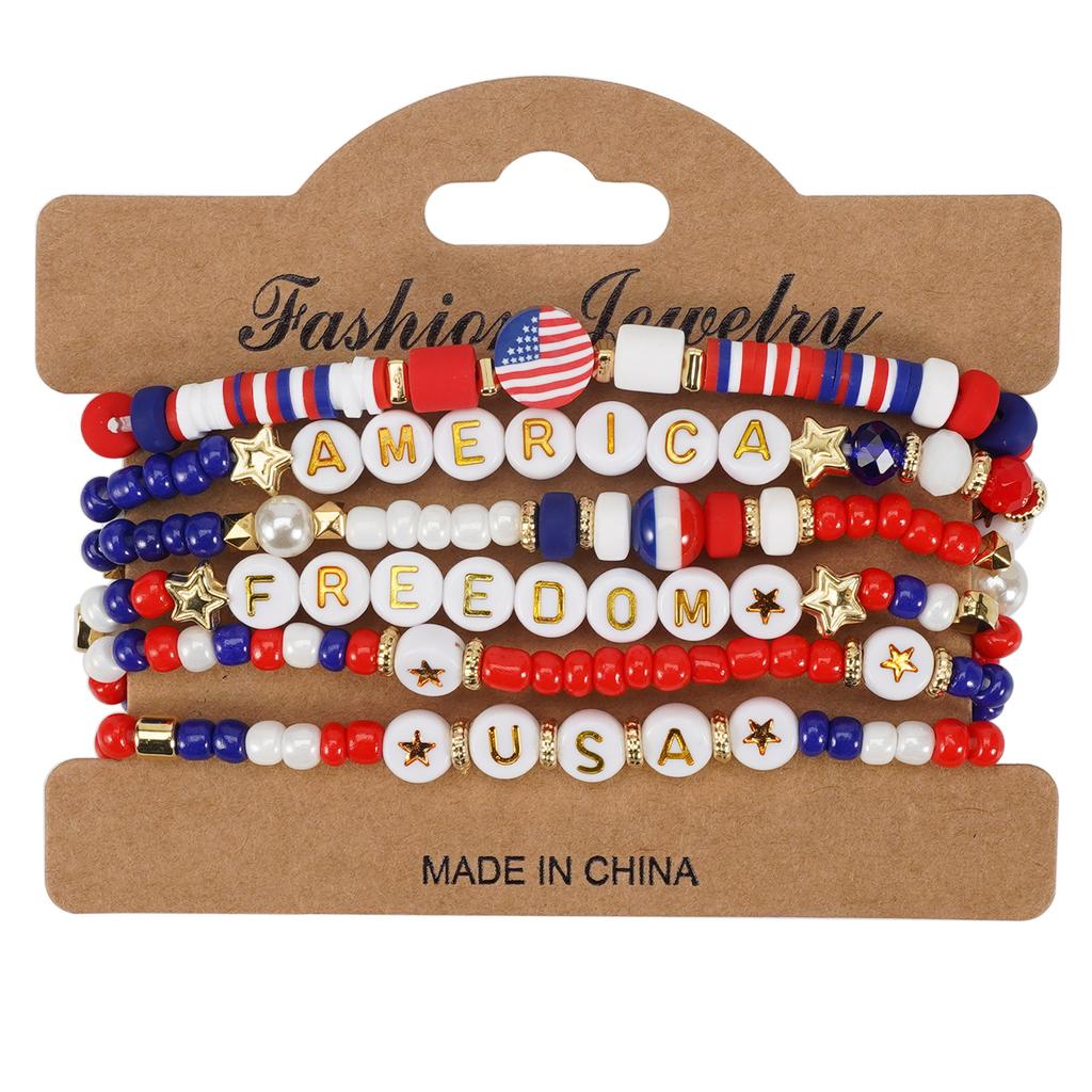 2025 New American Independence Day Bracelet Red White Blue Flag Soft Ceramic Beaded Patriotic