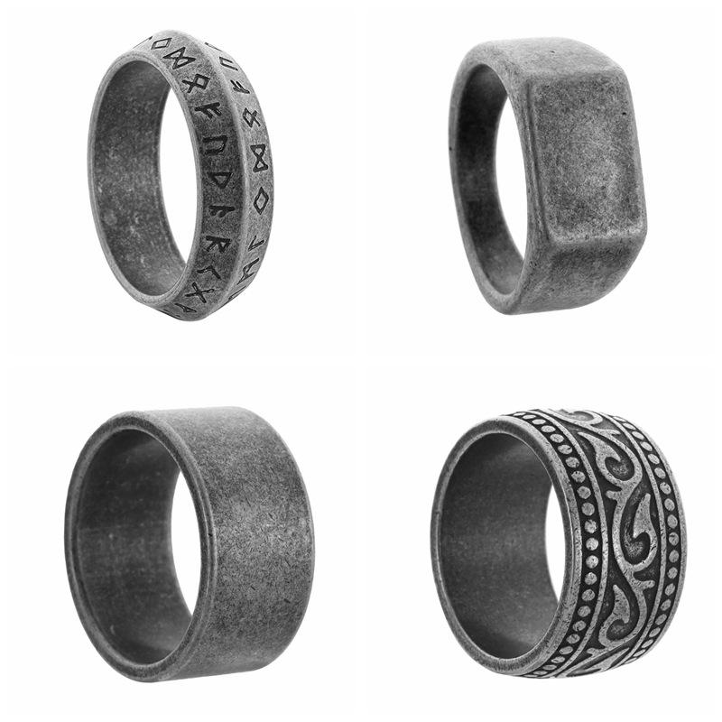 Antique Silver Men's Viking Rune Ring - Titanium Steel Signet Jewelry