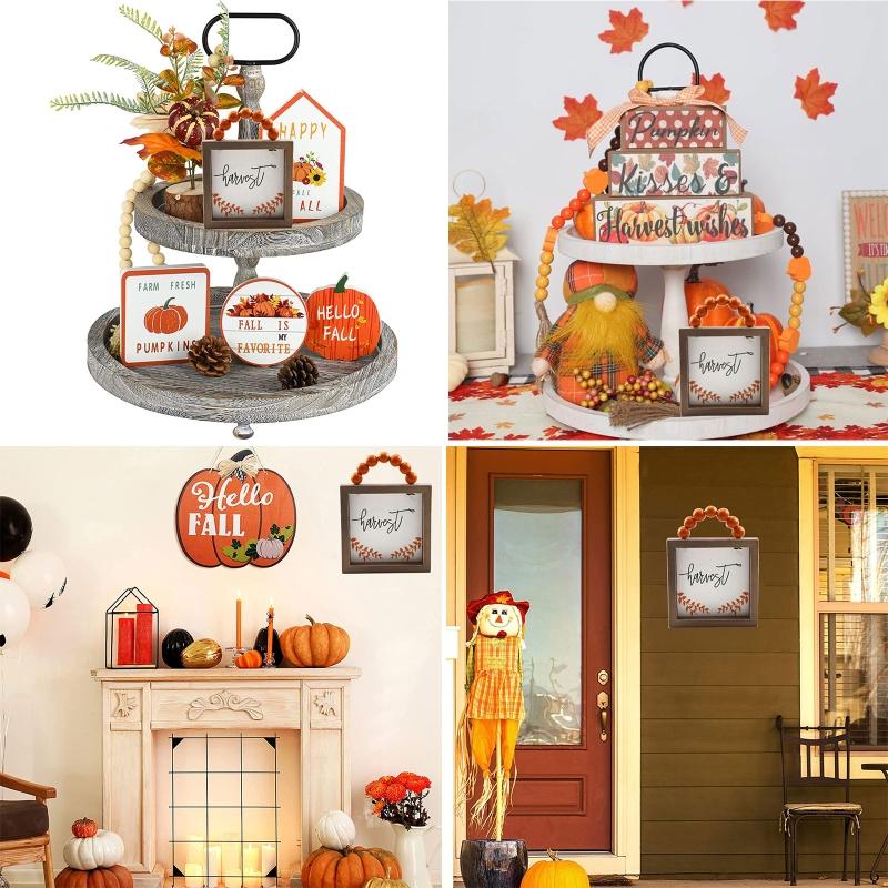 Fall Wood Front Door Hanging Sign Letter Wooden Plaque Fall Decor Autumn Plant Wood Wall Art Hanging for Farmhouse Home