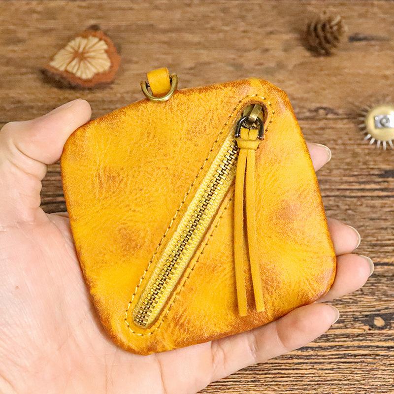 

Head Layer Cowhide Vegetable Tanned Leather Coin Purse for Women, Simple and Compact Zipper Bag for Earphones, and Storage Bag for Women жёлтый