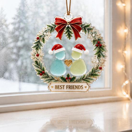 Indoor Bedroom Living Room Decor Best Friends Christmas Wreath Pendant, Acrylic Hanging Ornament, Outdoor Festive Decorative Piece for Holiday