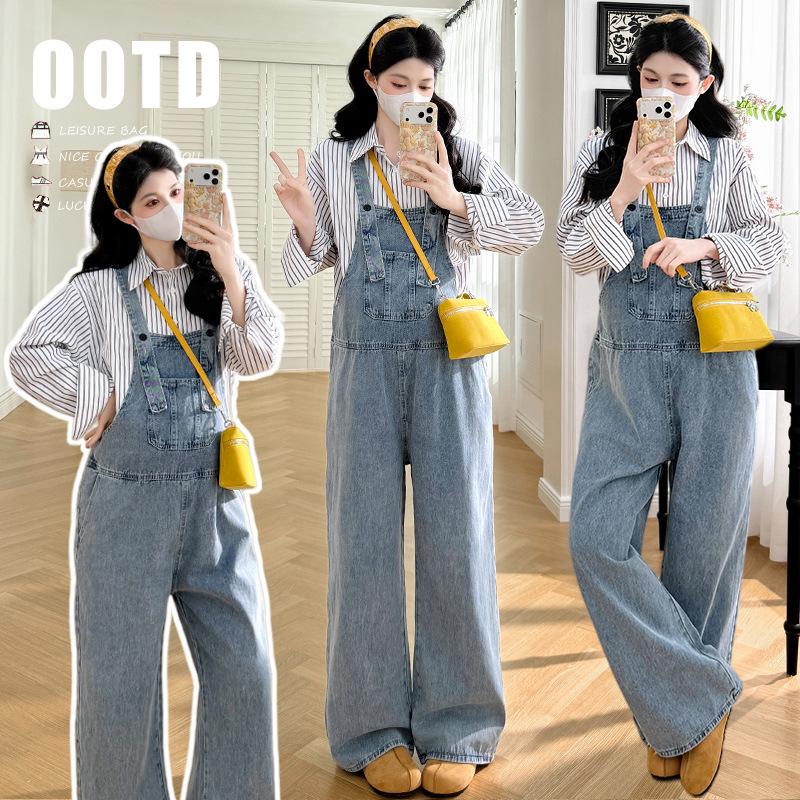 2026 Spring College Style Maternity Slimming Overalls & Striped Shirt Set 2XL
