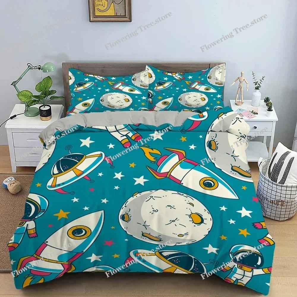Cartoon Astronaut Outer Space Bedding Set Teens Boys Home Piece Duvet Cover Set Pillowcase Single Twin King Quilt Cover Set