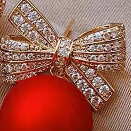 1 Pair Women Earrings Rhinestone Bow Red Faux Pearl Stud Earrings New Year Ear Studs Prom Dating Party Earrings New Year Gift