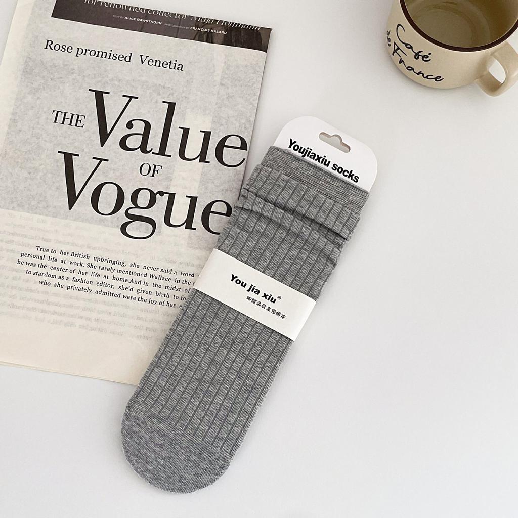 Boneless Solid Color Straight Socks Women'S Loose Cotton Stacked Socks Simple And Versatile Mid-Leg Socks