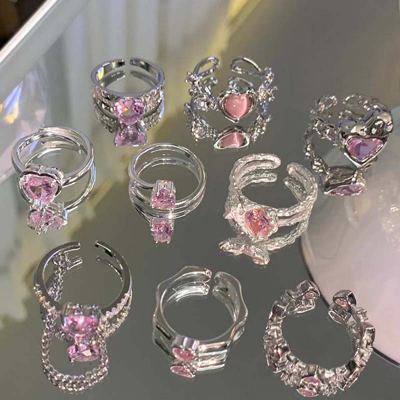 Kpop Pink Zircon Heart Open Ring For Women Girls Luxury Blue Opal Heart Couple Finger Rings Wedding Y2K Jewelry