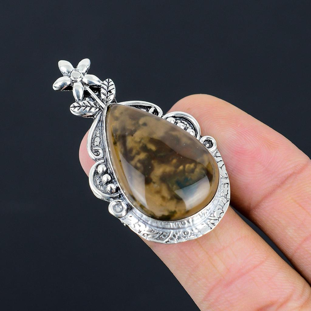 Natural Petrified Wood Jasper Gemstone Solitaire Flower Ring Size 7.5 925 Silver