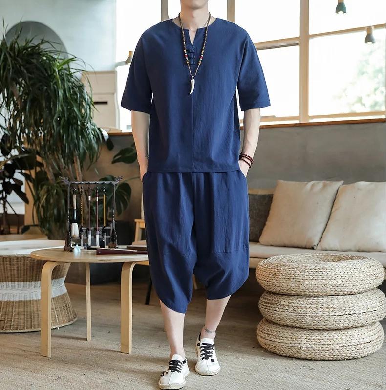 Men's Summer Cotton and Linen Sets Fashion Two Piece Sets Men Loose Capris Casual Tang Suit Large Size
