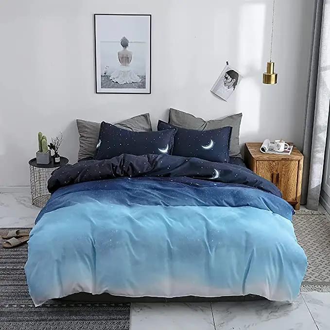 Comforter Night Starry Sky Bedding Set Queen Galaxy Moon Star Blue Gradient Color Comforter Soft Reversible