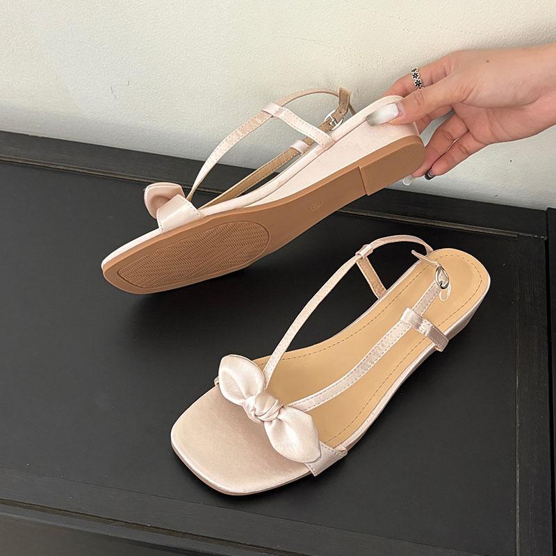 Fashion Elegant Women Low Heel Sandals Wedges Shoes Female Buckle Footwear Fashion Butterfly-Knot Ladies Heeled Sandals Shoes Pumps