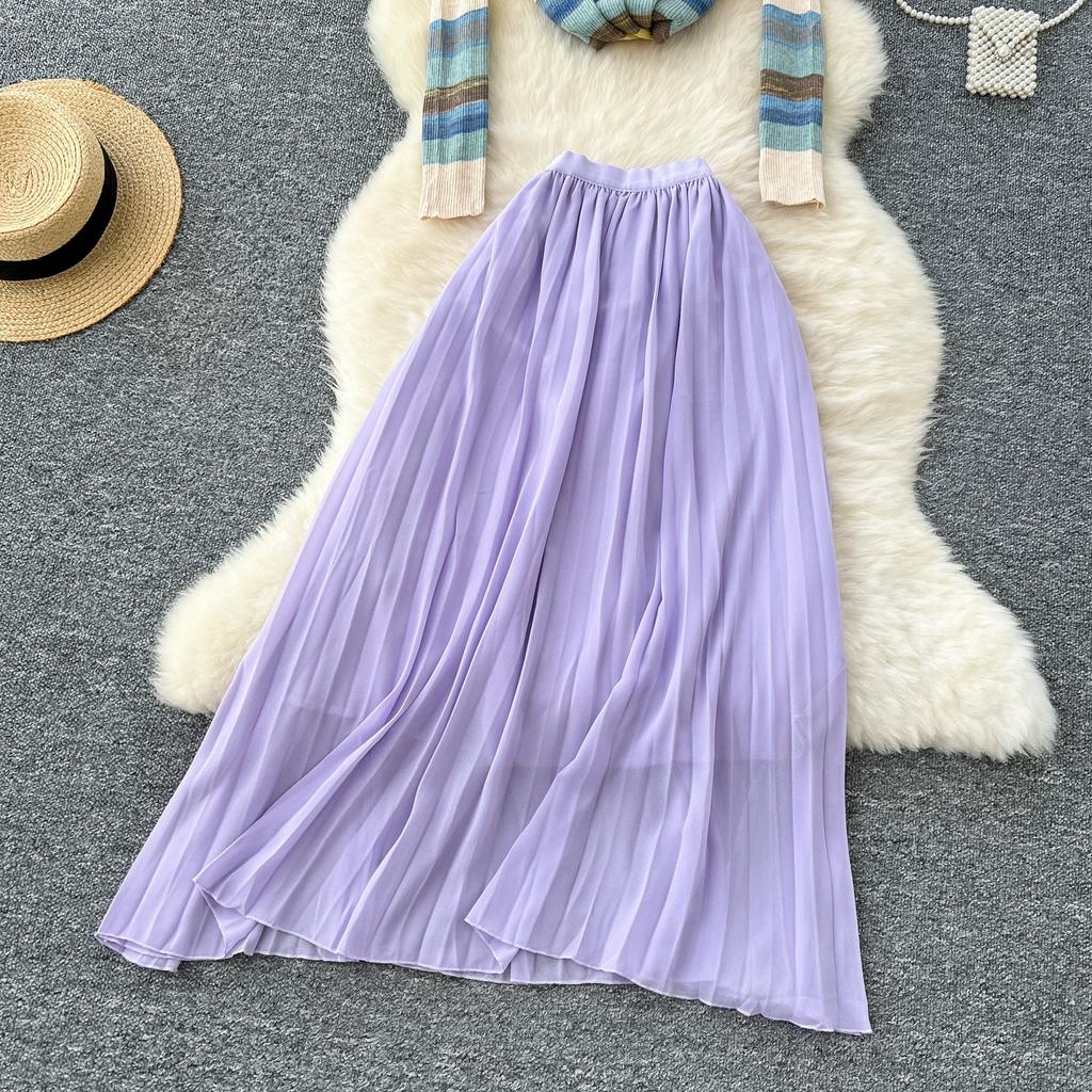 Spring Autumn Women Vintage Rainbow Striped Knitted Sweater Pullover Tops and Long Midi Pleated Skirt Two Piece Set