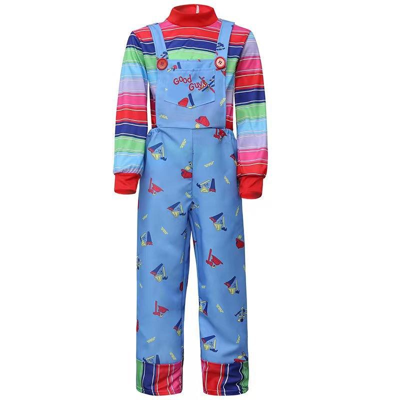 Costume da Bambola Film Horror per Adulti Colorato Top a Strisce Tuta Vestito Costume Giocattolo Spaventoso Retrò Outfit a Tema per Festa di Halloween
