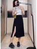 Women's Plus Size Black A-line Midi Skirt - High Waist, Slit, Slimming, Summer Fashion