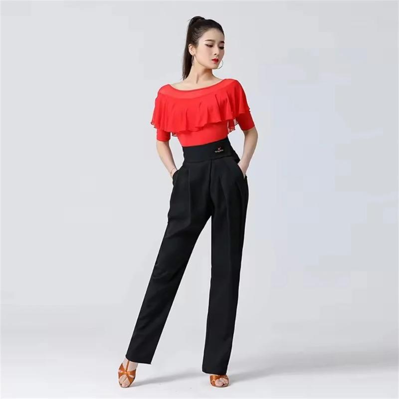 Hohe Taille Damen Latein Modern Dance Hose Professionelles Enges Bündchendesign Hose Dame Ballsaalhose Tasche