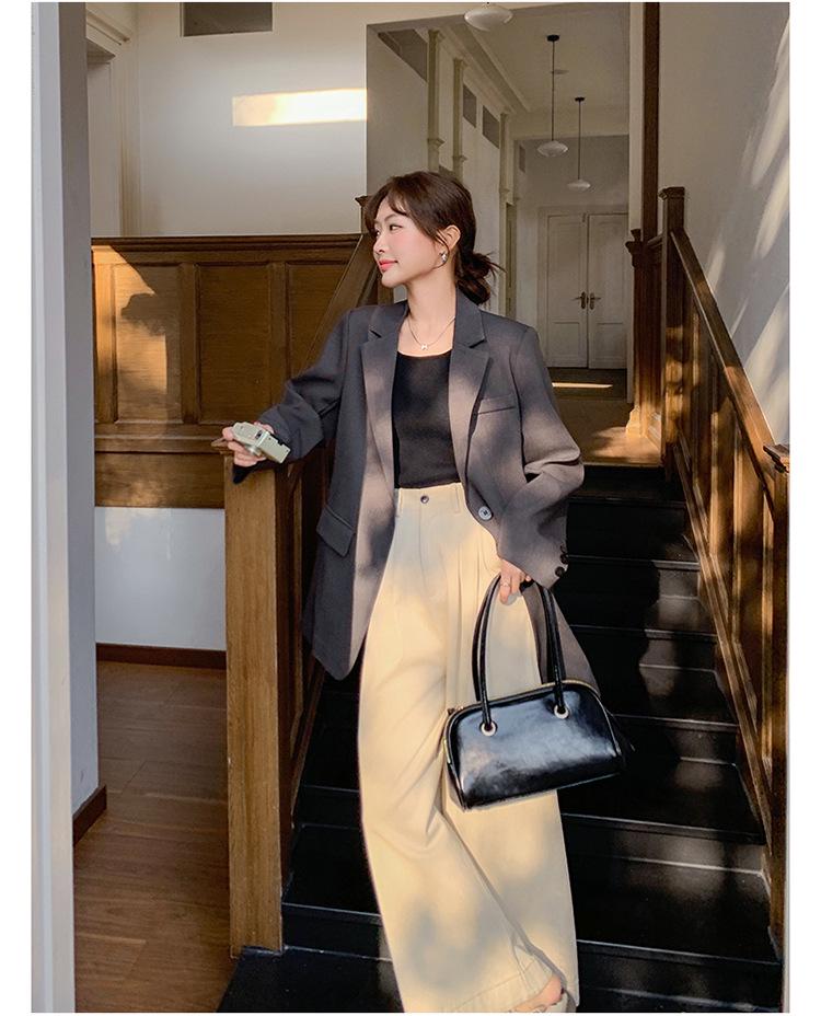 Women's Spring 2025 Fashion Suit Jacket with Rhinestone Lettering - Grey, Casual, All-Match, Loose Fit.