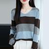 Women's Autumn V-Neck Color Block Striped Sweater - Soft, Loose, and Versatile