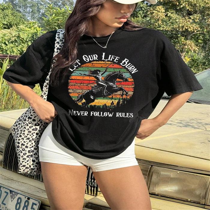 Maglietta estiva girocollo stampata, alla moda, casual, carina, a maniche corte, da donna, in puro cotone