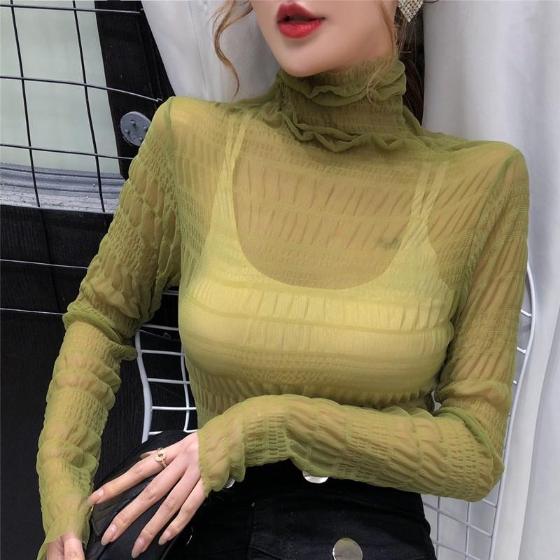 Mesh Top Slim Perspective Long Sleeve Turtleneck Shirt