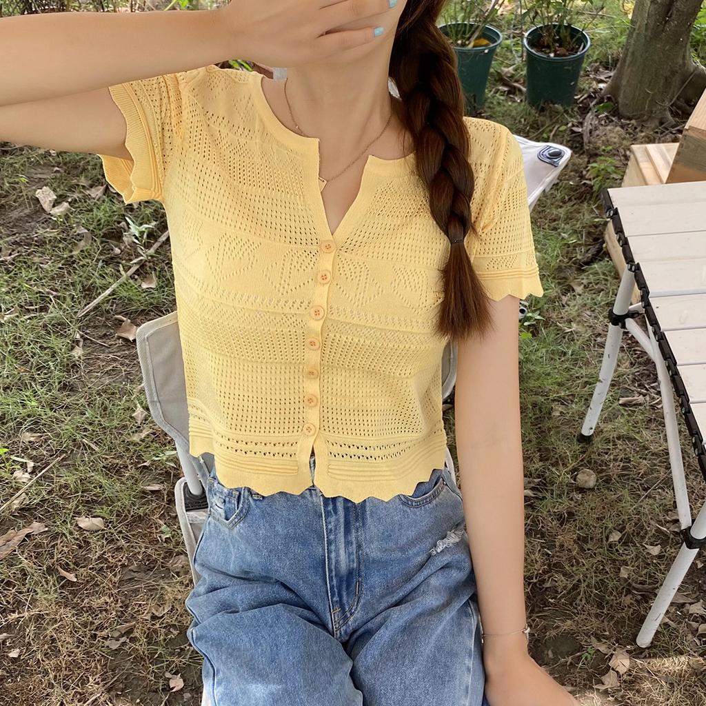 Ice Silk Knitted Cardigan Women Wear Summer New Hollow V-neck Slimming Short-sleeved Short T-shirt Top